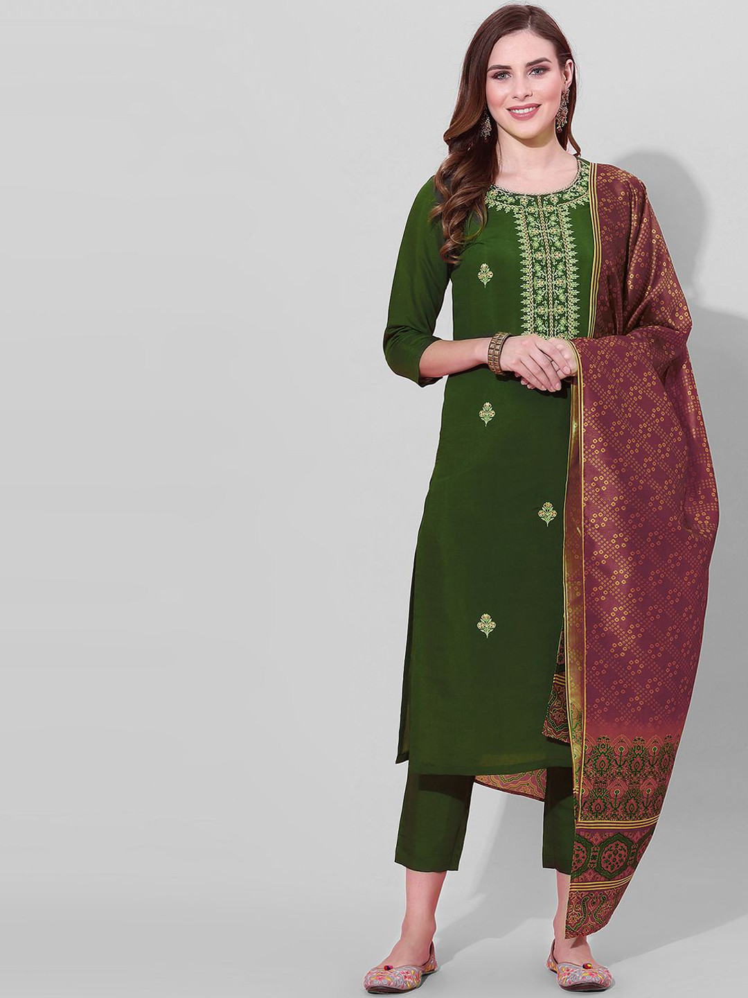 

KALINI Floral Embroidered Kurta with Trousers & With Dupatta, Green