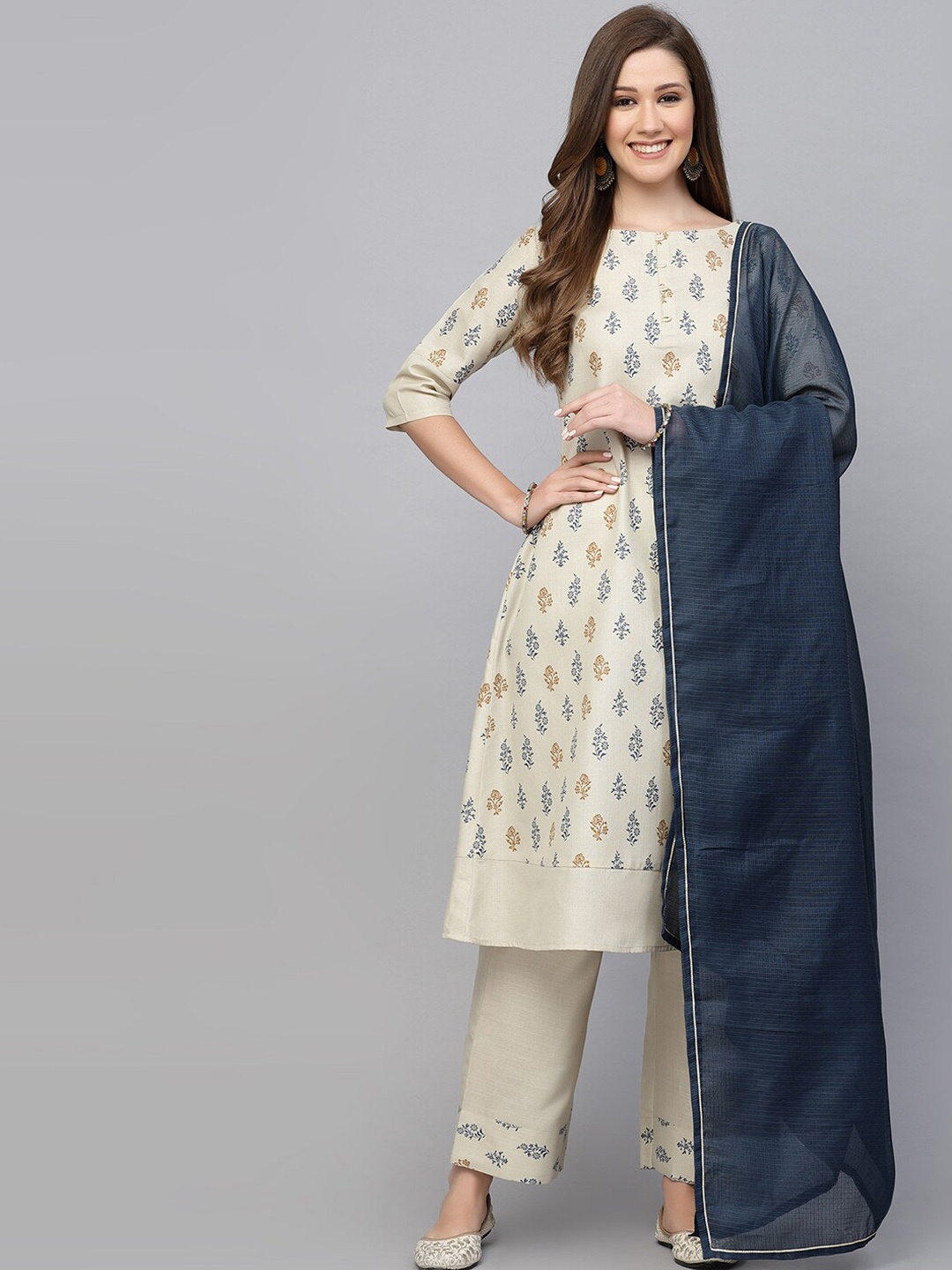 

KALINI Floral Printed Regular Kurta with Trousers & With Dupatta, Cream