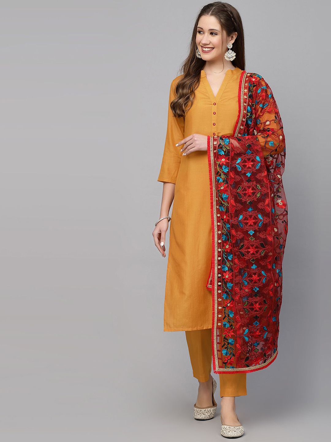 

SKYLEE Yellow Straight Kurta With Trousers & Dupatta