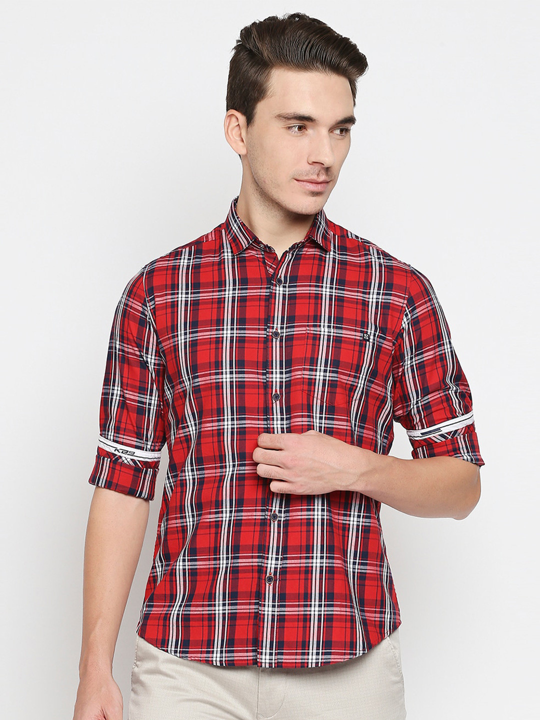 

Killer Slim Fit Tartan Checked Cotton Linen Casual Shirt, Red