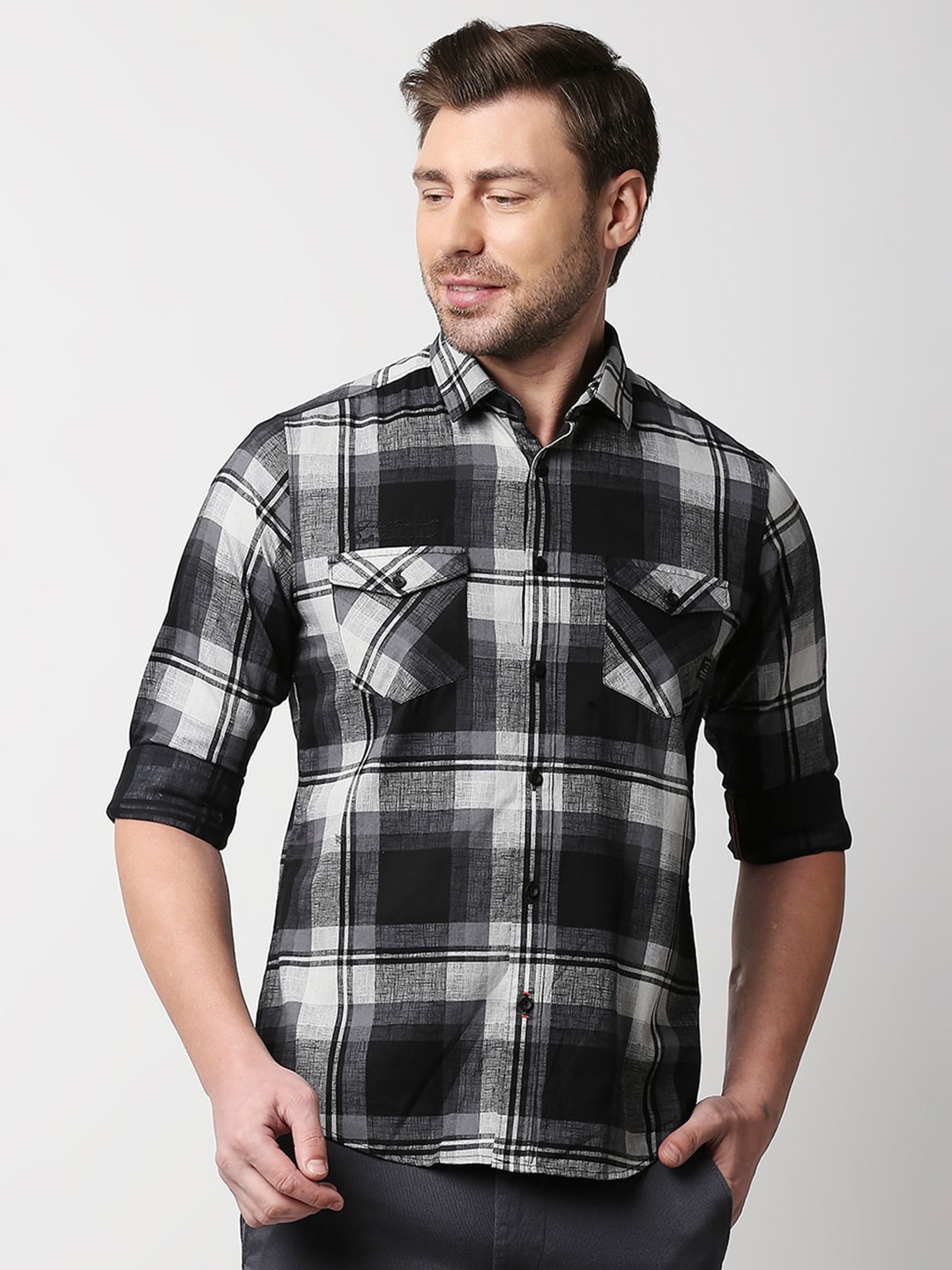 

Killer Men Tartan Checked Cotton Casual Shirt, Black