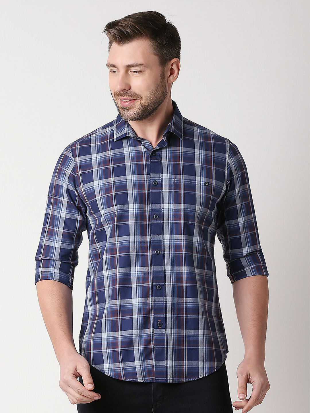 

Killer Men Tartan Checked Cotton Casual Shirt, Navy blue
