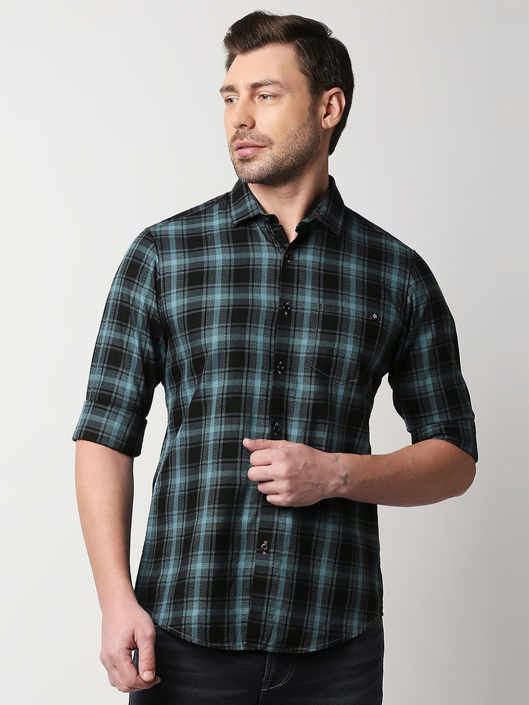 

Killer Checked Slim Fit Tartan Checks Opaque Cotton Casual Shirt, Sea green