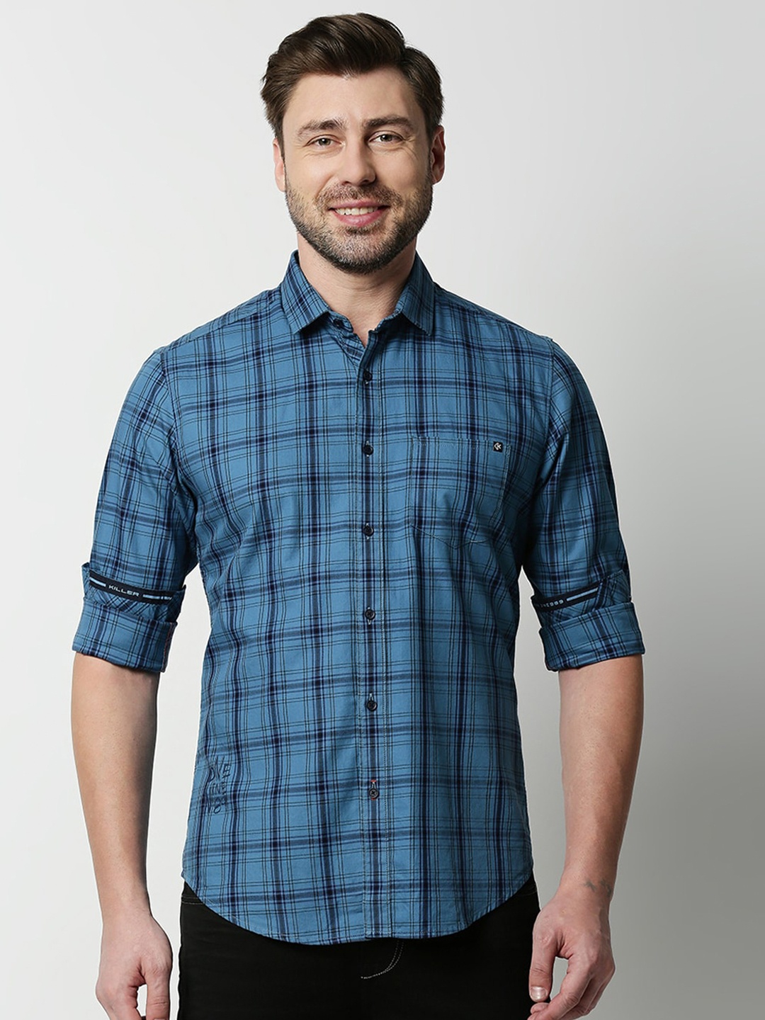 

Killer Slim Fit Opaque Checked Casual Shirt, Blue