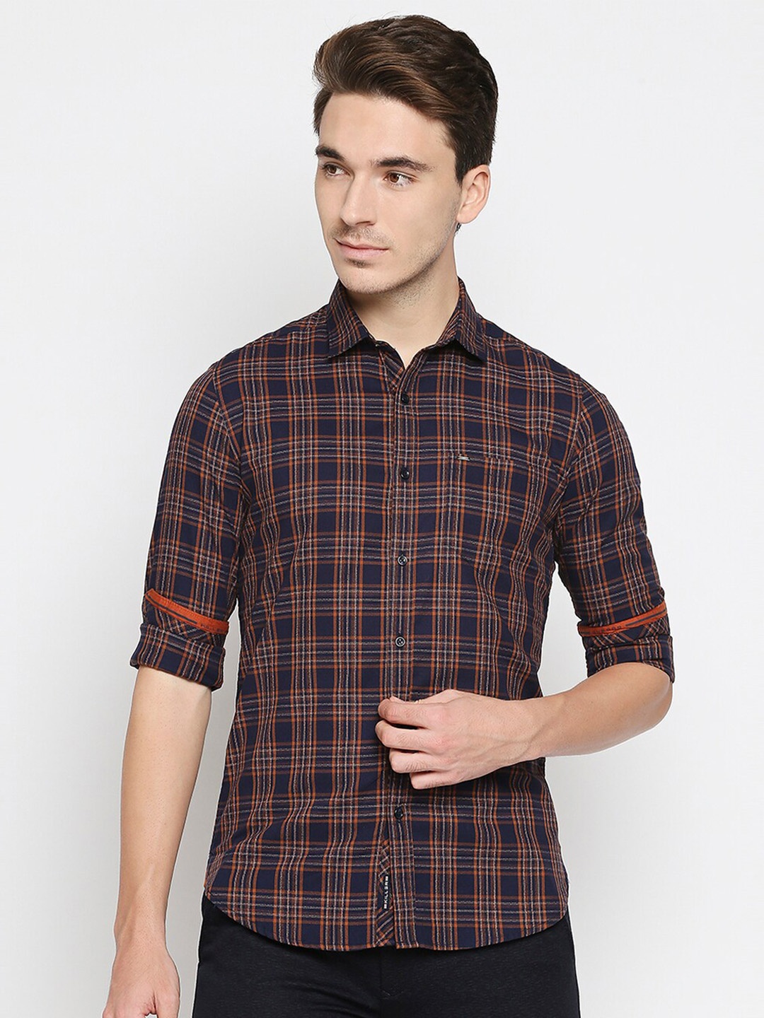 

Killer Tartan Checked Cotton Linen Casual Shirt, Navy blue