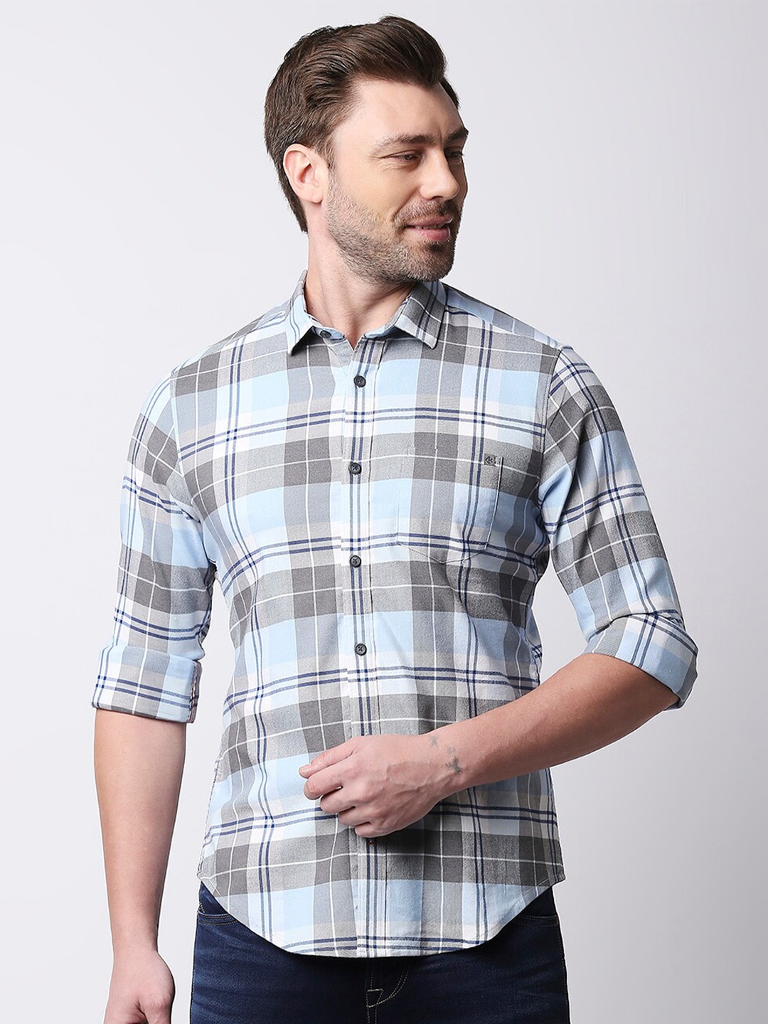 

Killer Slim Fit Tartan Checked Cotton Casual Shirt, Blue