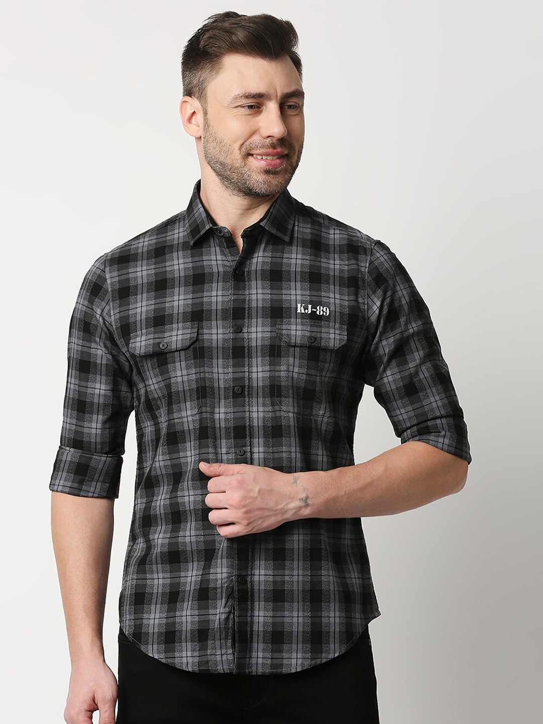 

Killer Tartan Checked Slender Fit Cotton Casual Shirt, Black