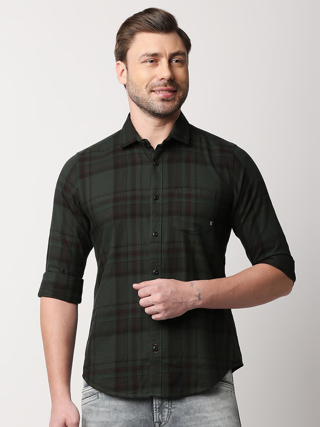 

Killer Tartan Checked Slim Fit Cotton Casual Shirt, Green