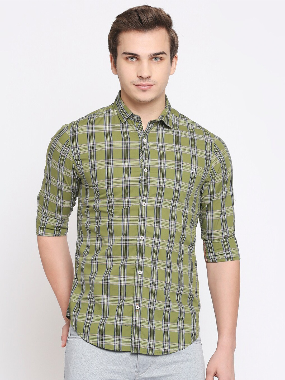 

Killer Tartan Checked Slim Fit Cotton Linen Casual Shirt, Green