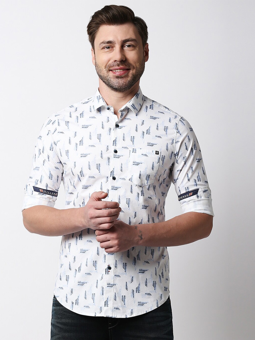 

Killer Geometric Printed Slim Fit Cotton Casual Shirt, White