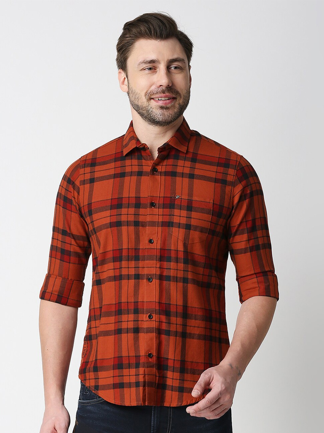 

Killer Tartan Checked Slender Fit Cotton Casual Shirt, Orange
