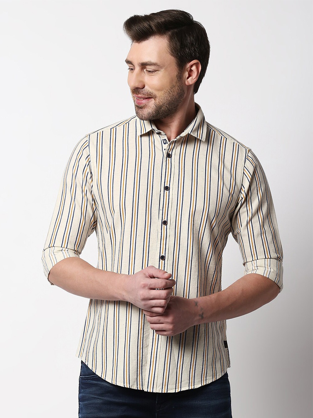 

Killer Spread Collar Slim Fit Opaque Striped Casual Shirt, Beige