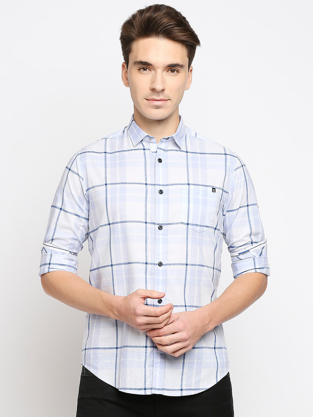

Killer Slim Fit Windowpane Checked Casual Shirt, Blue