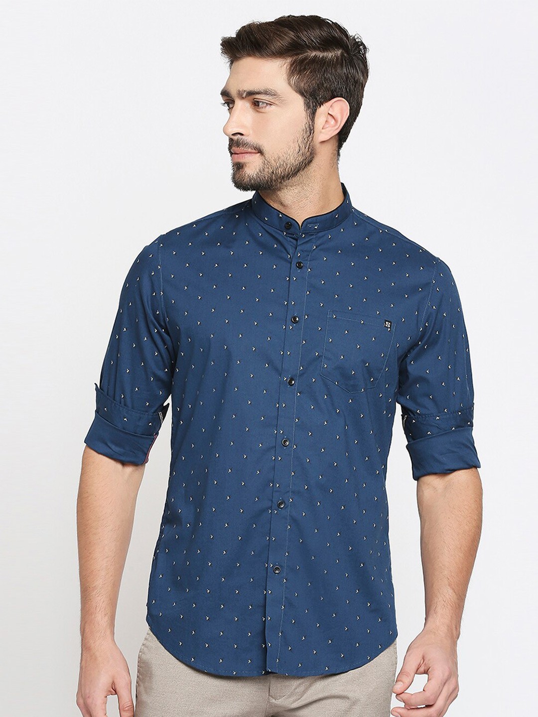 

Killer Slim Fit Micro Ditsy Printed Mandarin Collar Casual Shirt, Blue
