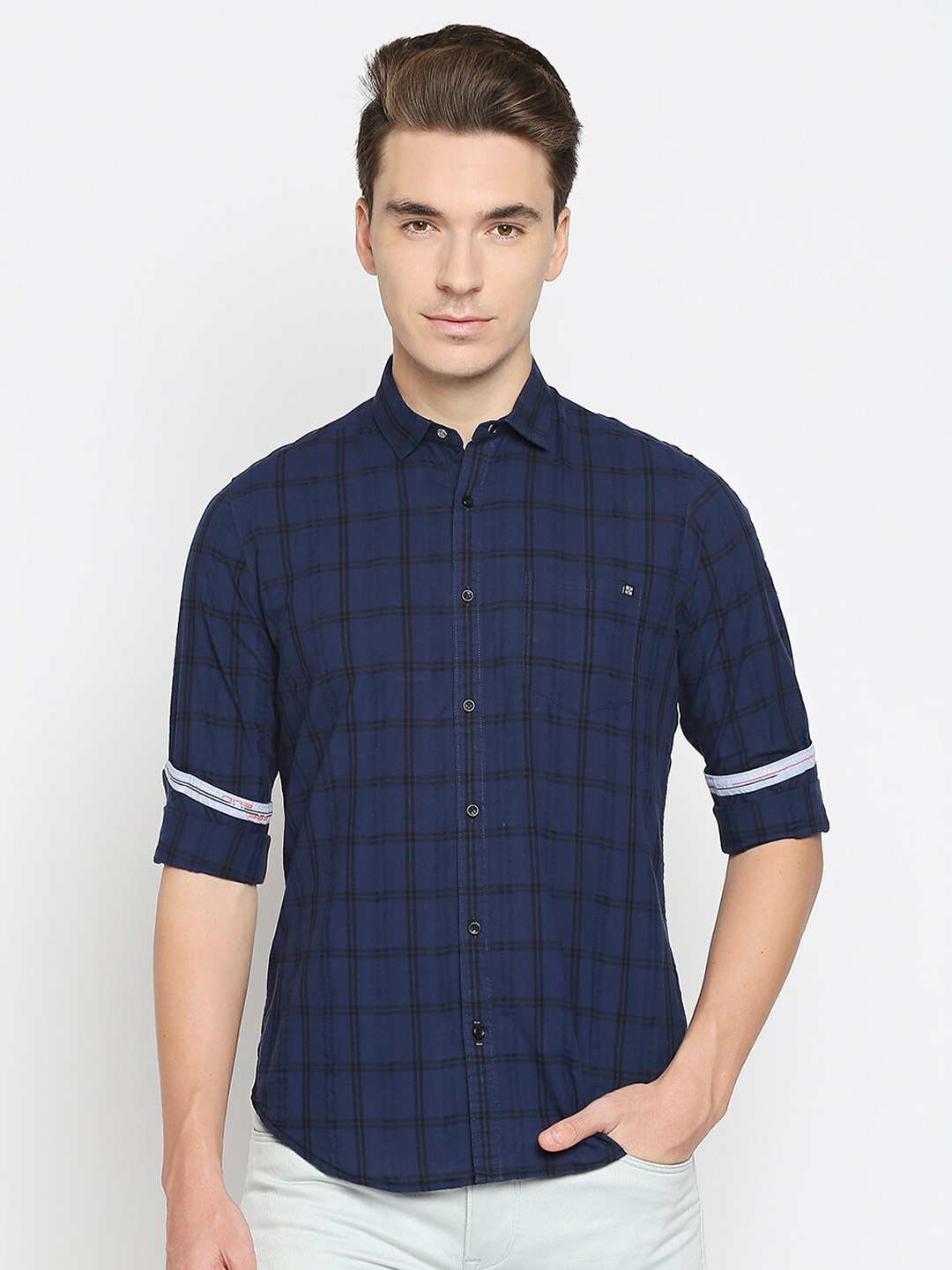 

Killer Slim Fit Windowpane Checked Cotton Linen Casual Shirt, Blue