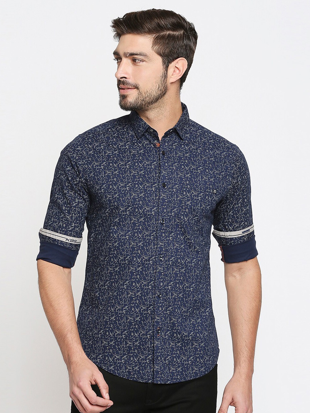 

Killer Slim Fit Abstract Printed Cotton Linen Casual Shirt, Navy blue