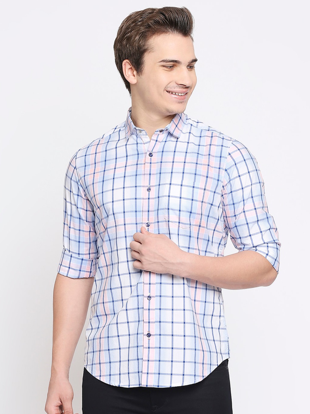 

Killer Slim Fit Opaque Checked Cotton Linen Casual Shirt, Blue