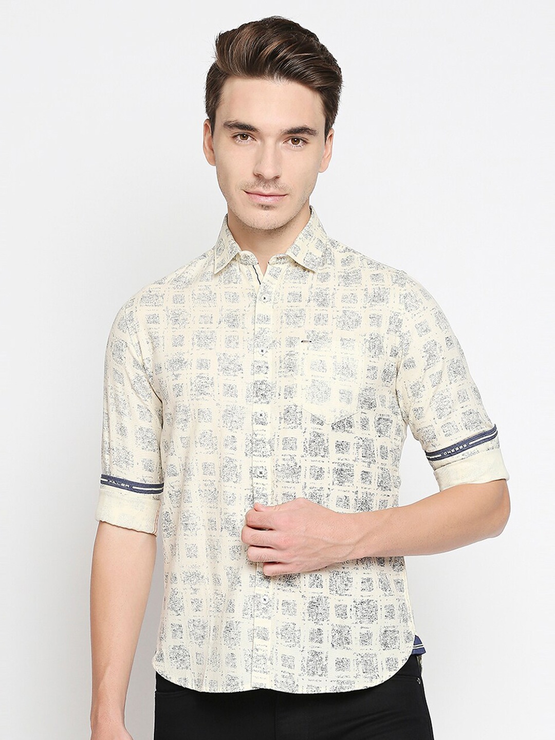 

Killer Men Slim Fit Printed Cotton Linen Casual Shirt, Yellow