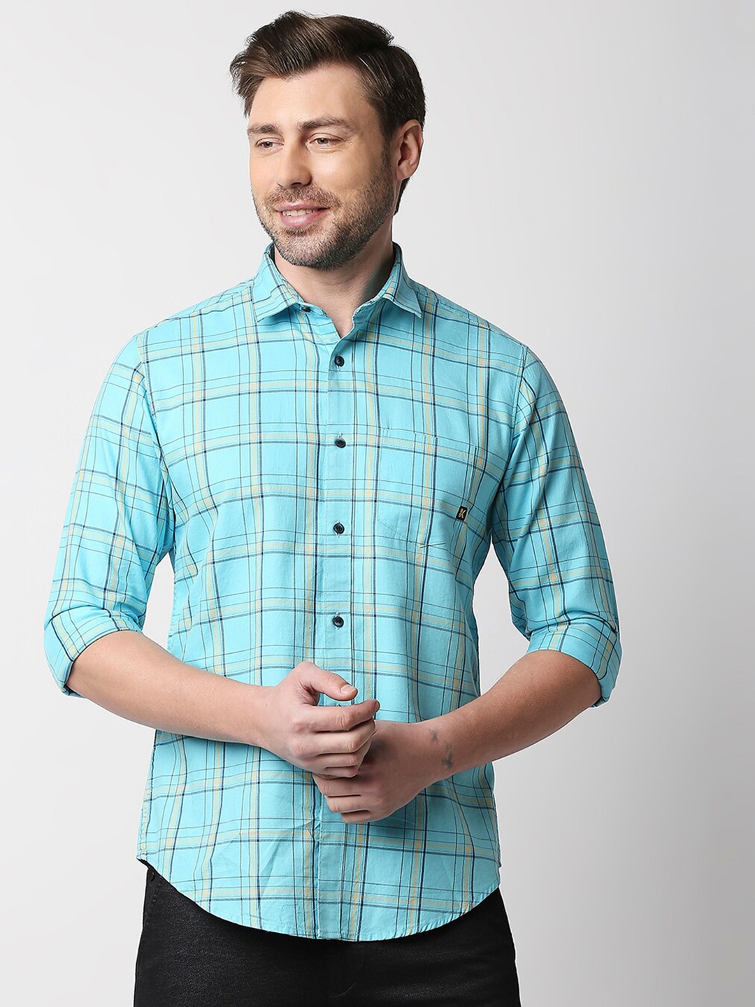 

Killer Checked Opaque Cotton Casual Shirt, Turquoise blue