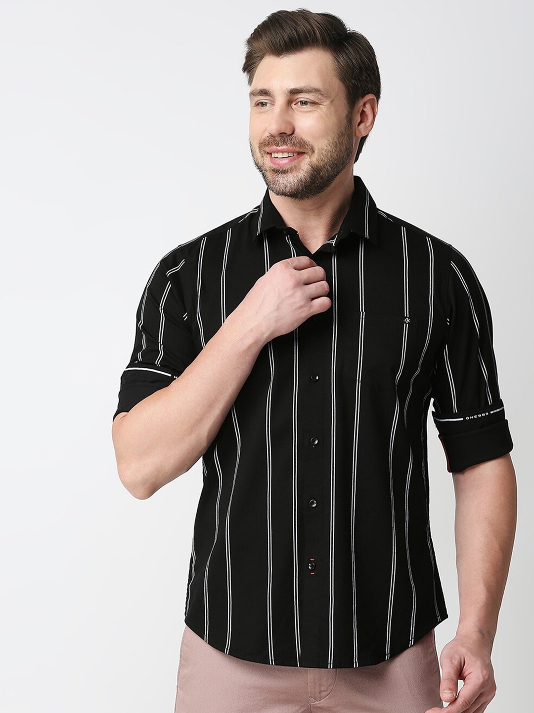 

Killer Vertical Striped Slender Fit Opaque Cotton Casual Shirt, Black