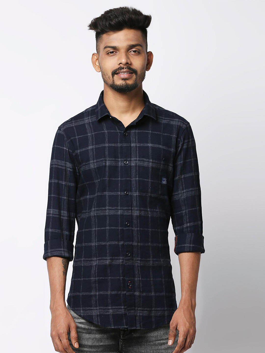 

Killer Checked Opaque Cotton Casual Shirt, Navy blue