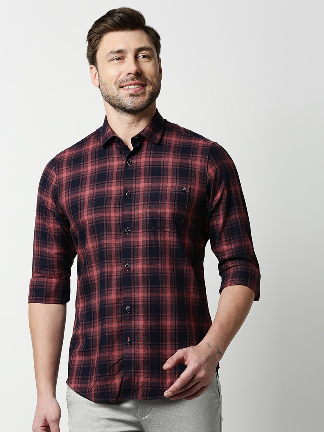 

Killer Slim Fit Tartan Checks Opaque Cotton Casual Shirt, Orange