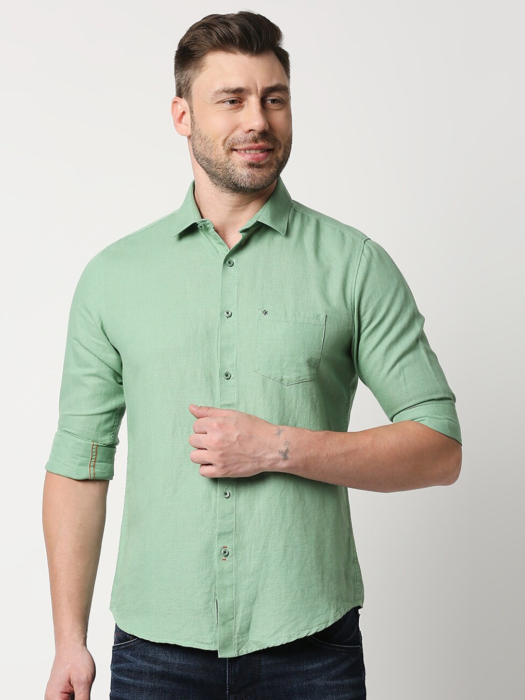

Killer Slim Fit Opaque Cotton Casual Shirt, Sea green