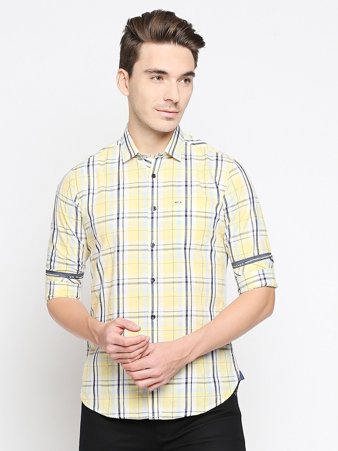 

Killer Slim Fit Tartan Checked Cotton Linen Casual Shirt, Yellow