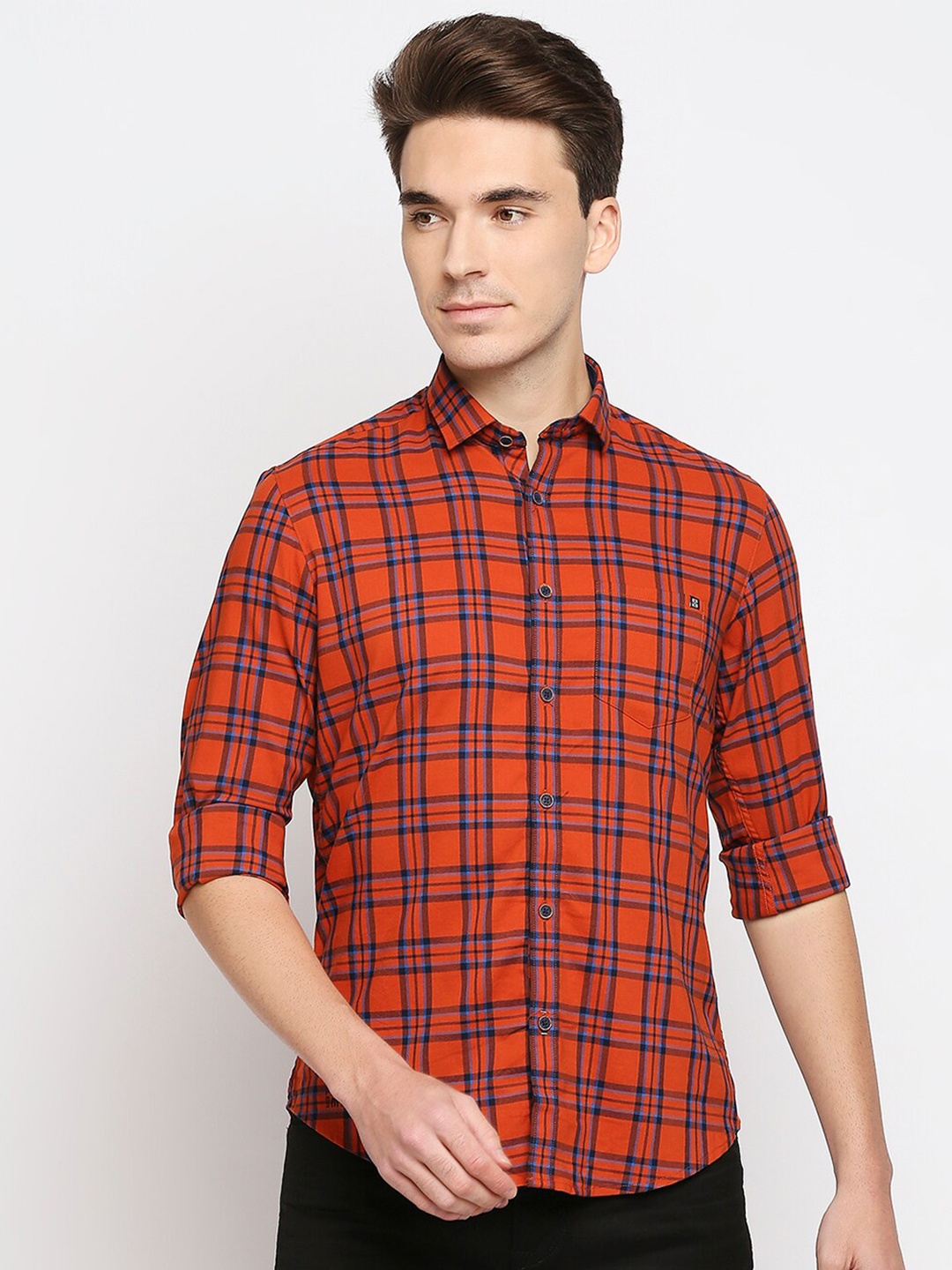 

Killer Slim Fit Tartan Checks Cotton Casual Shirt, Red