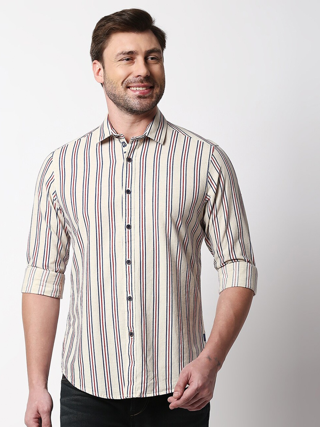 

Killer Vertical Striped Spread Collar Cotton Casual Shirt, Beige