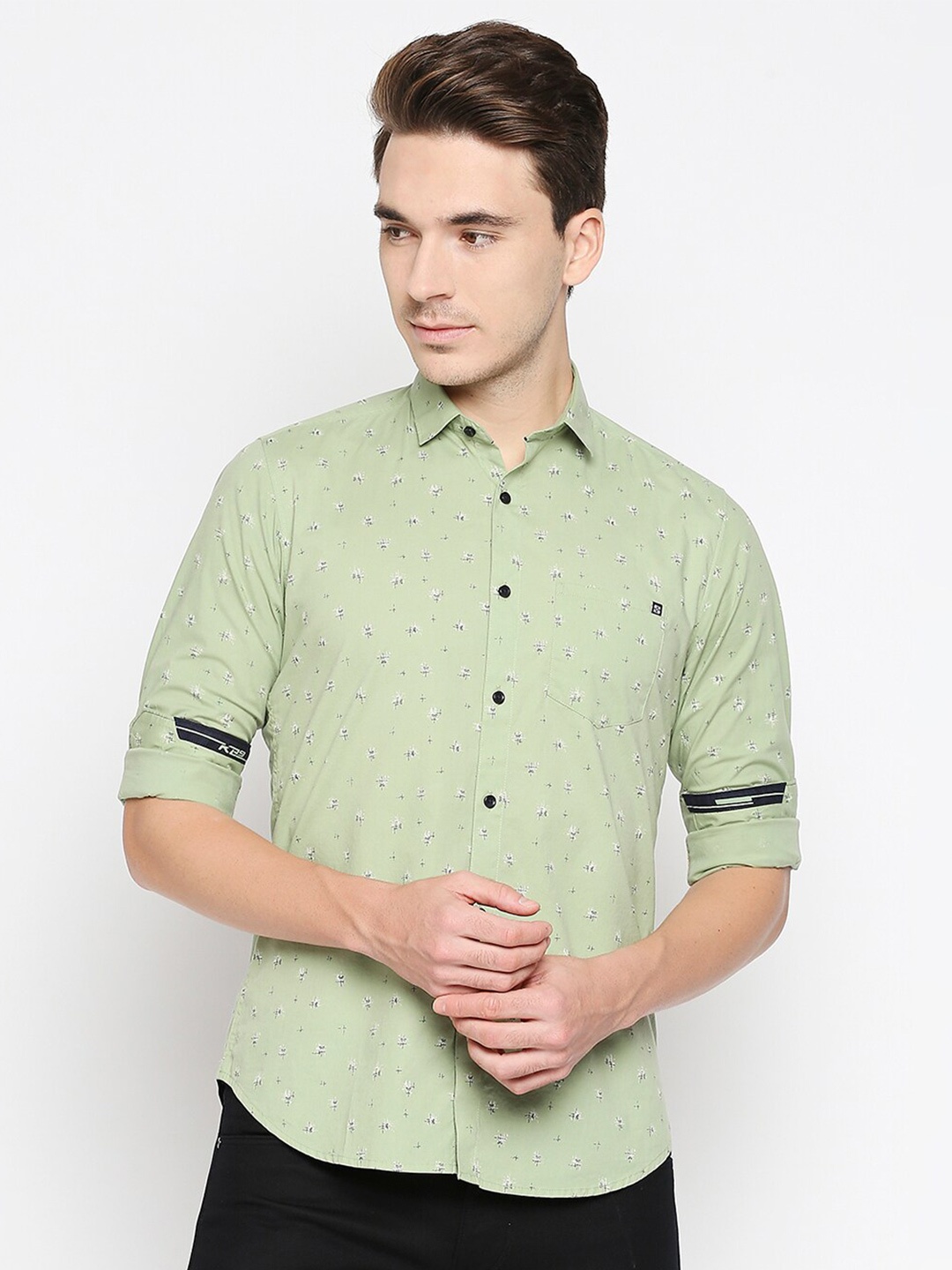 

Killer Conversational Printed Spread Collar Cotton Linen Casual Shirt, Green