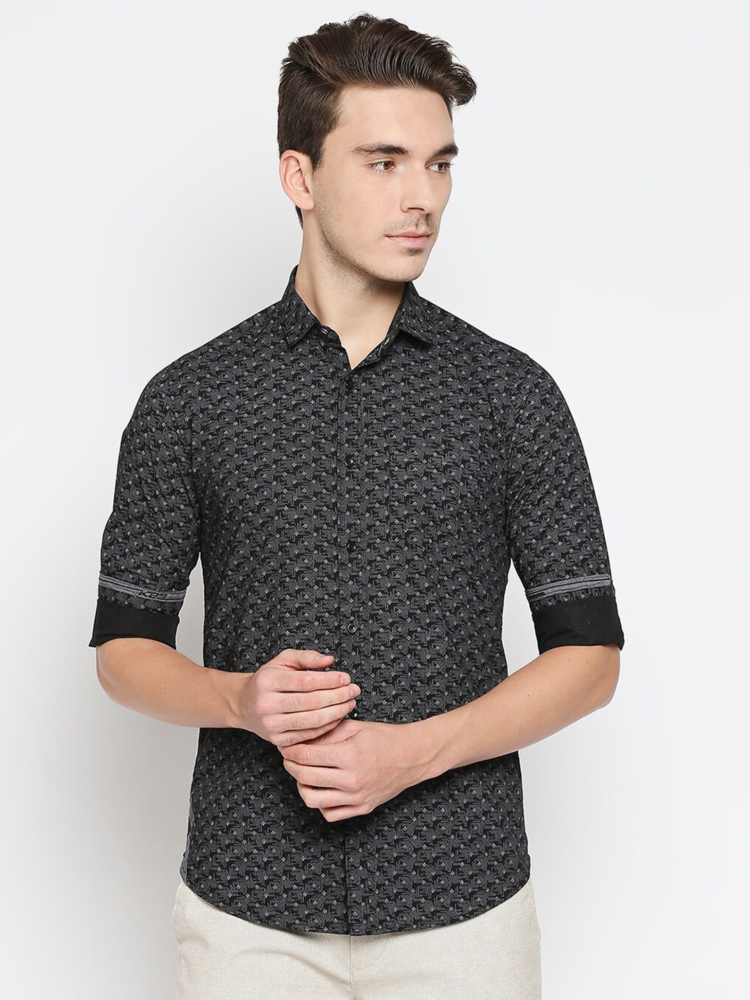 

Killer Conversational Printed Spread Collar Cotton Linen Slim Fit Casual Shirt, Black