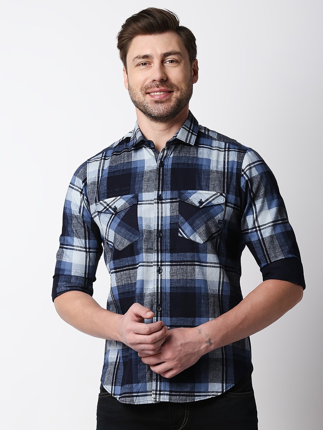 

Killer Tartan Checked Spread Collar Cotton Casual Shirt, Navy blue
