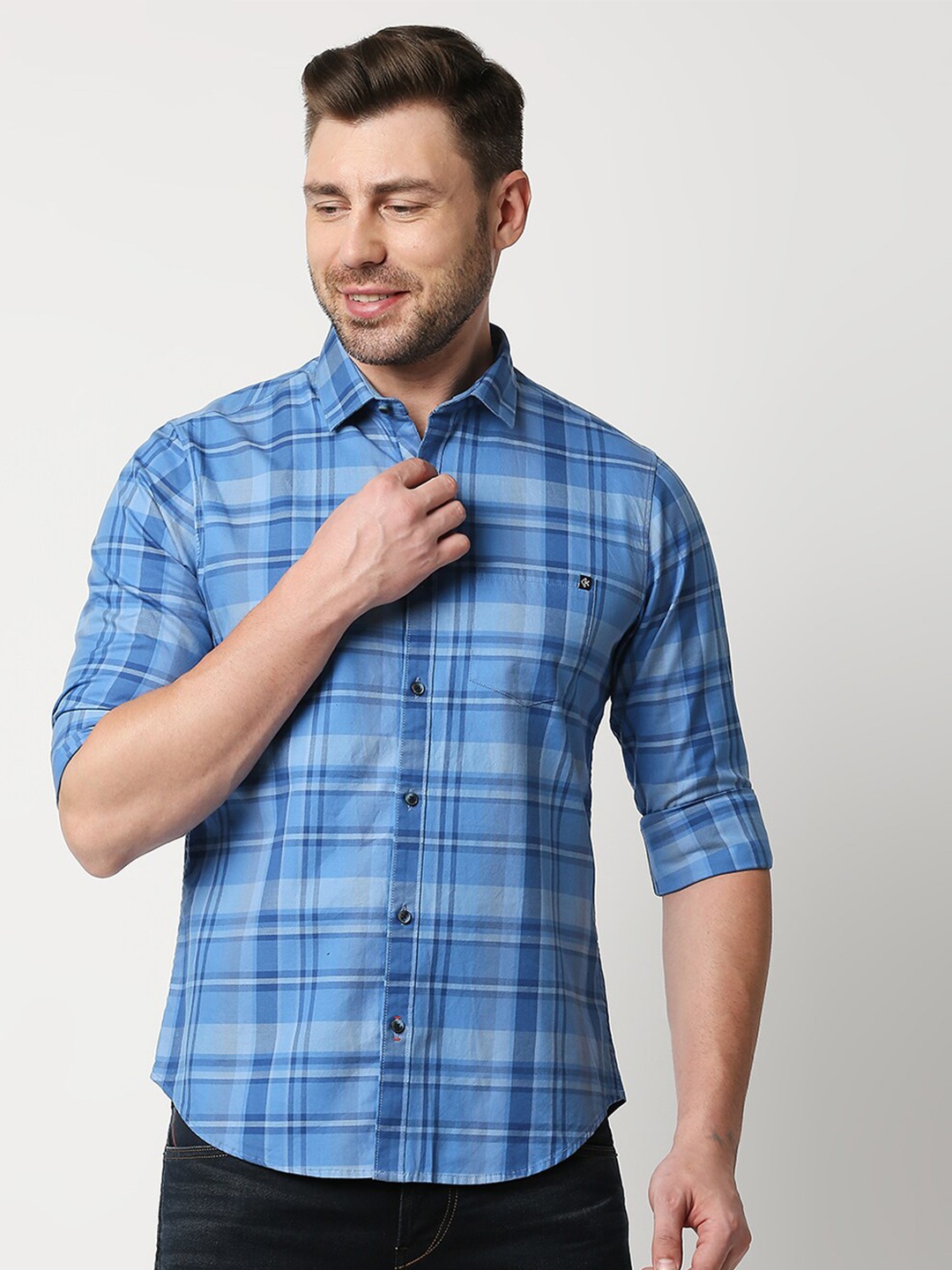 

Killer Tartan Checked Spread Collar Cotton Casual Shirt, Blue