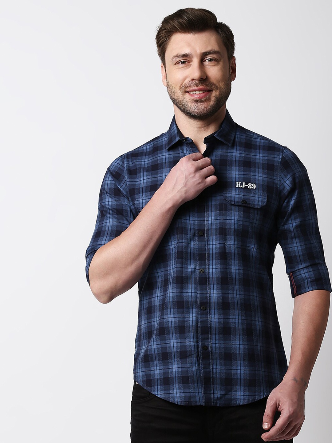 

Killer Checked Spread Collar Cotton Casual Shirt, Blue