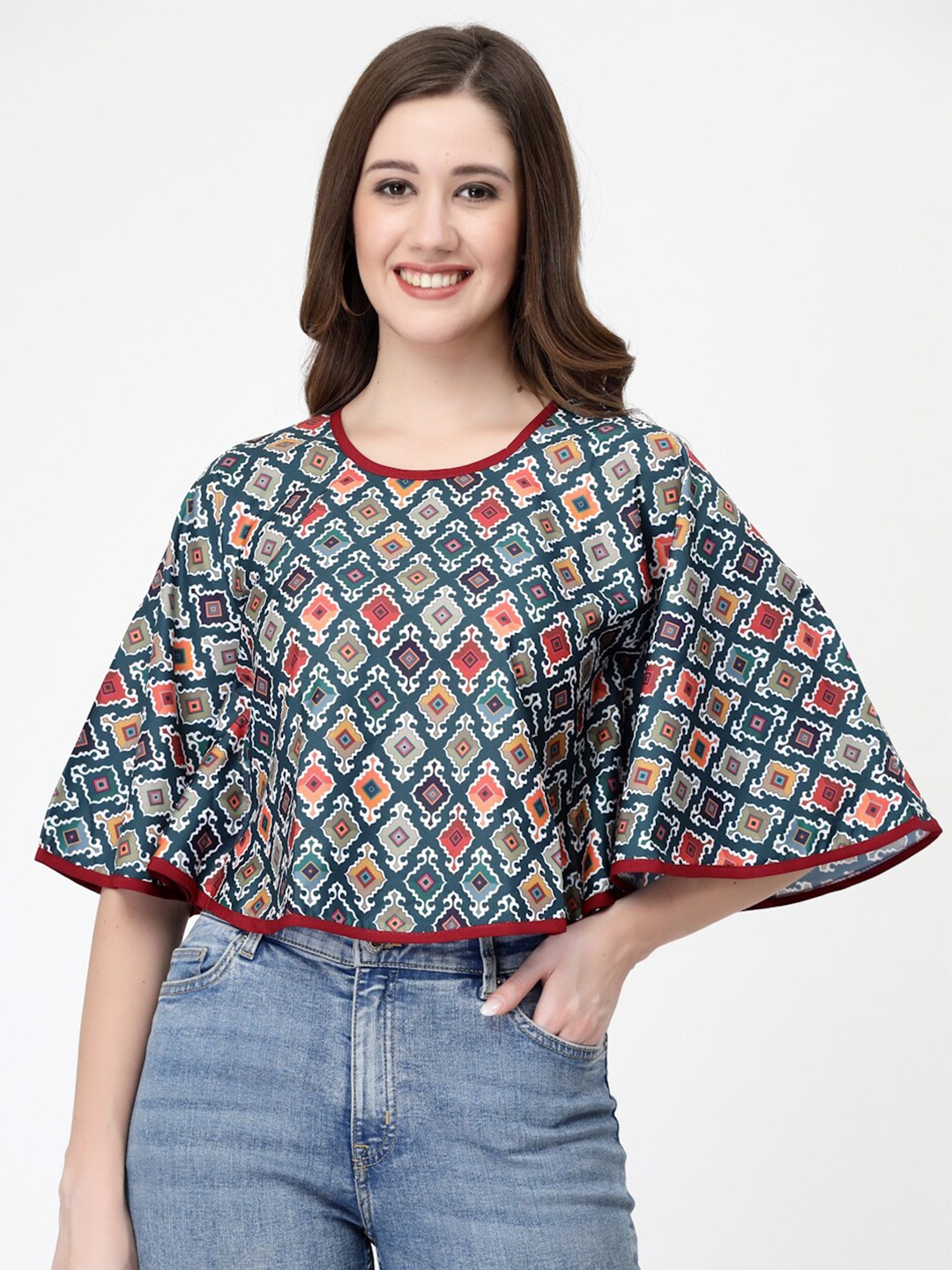 

MISS AYSE Geometric Printed Flared Sleeve Crepe Top, Grey