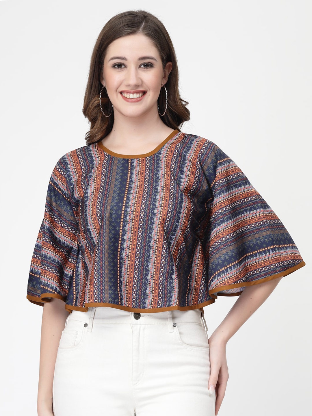 

MISS AYSE Ethnic Motifs Printed Kimono Sleeve Kaftan Top, Navy blue