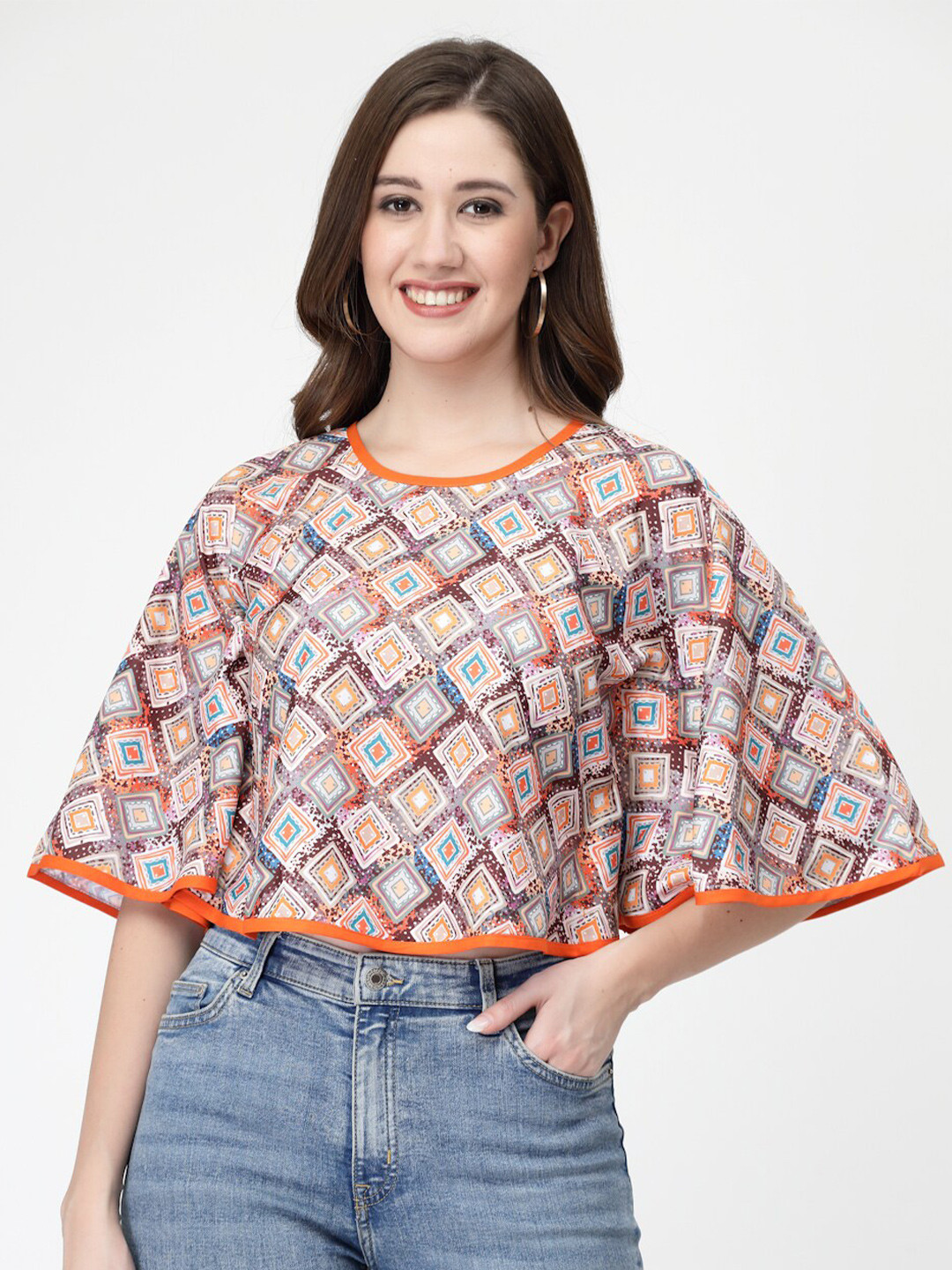

MISS AYSE Geometric Printed Flared Sleeve Regular Crop Top, Cream