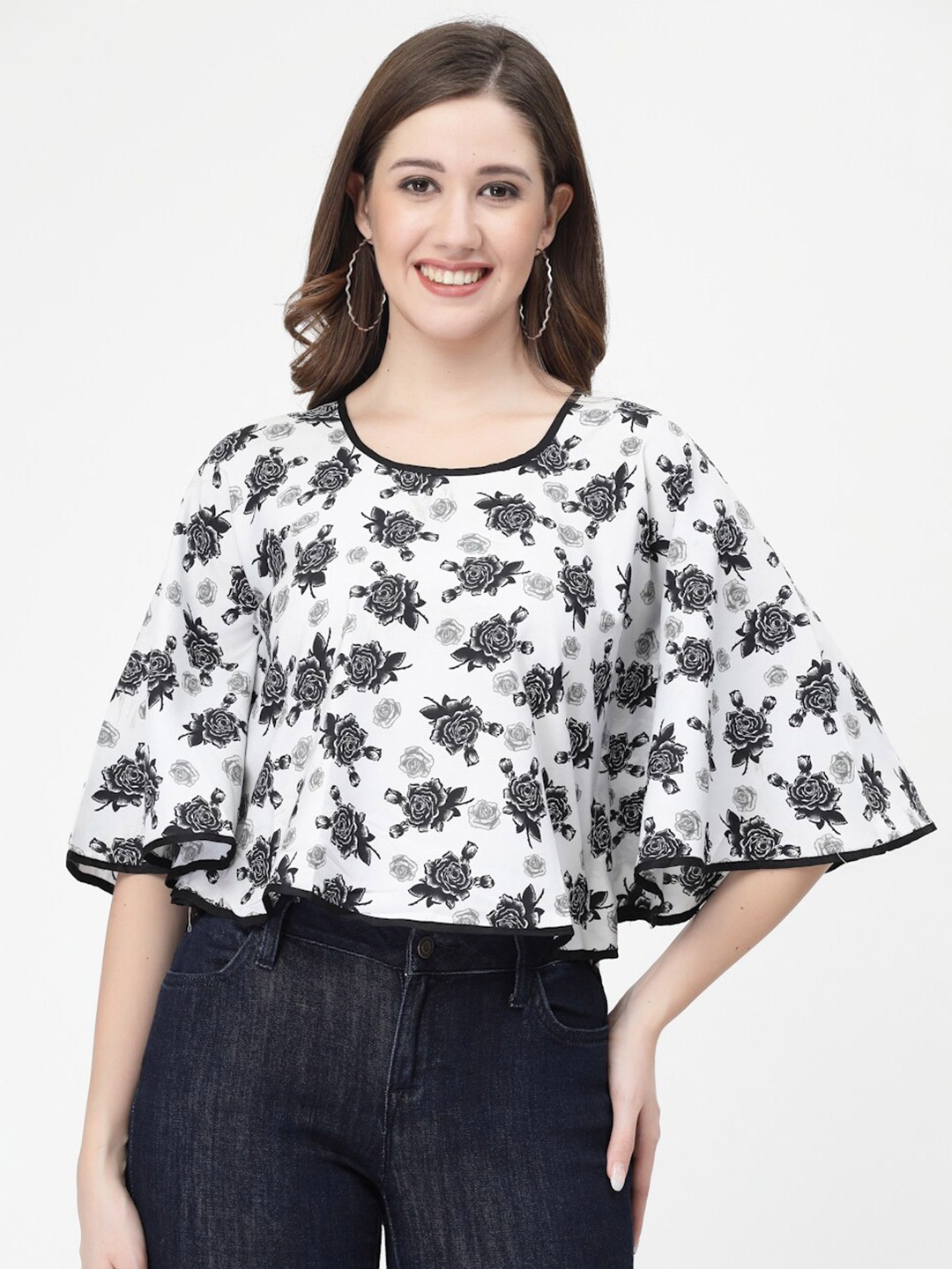 

MISS AYSE Floral Printed Cape Top, White