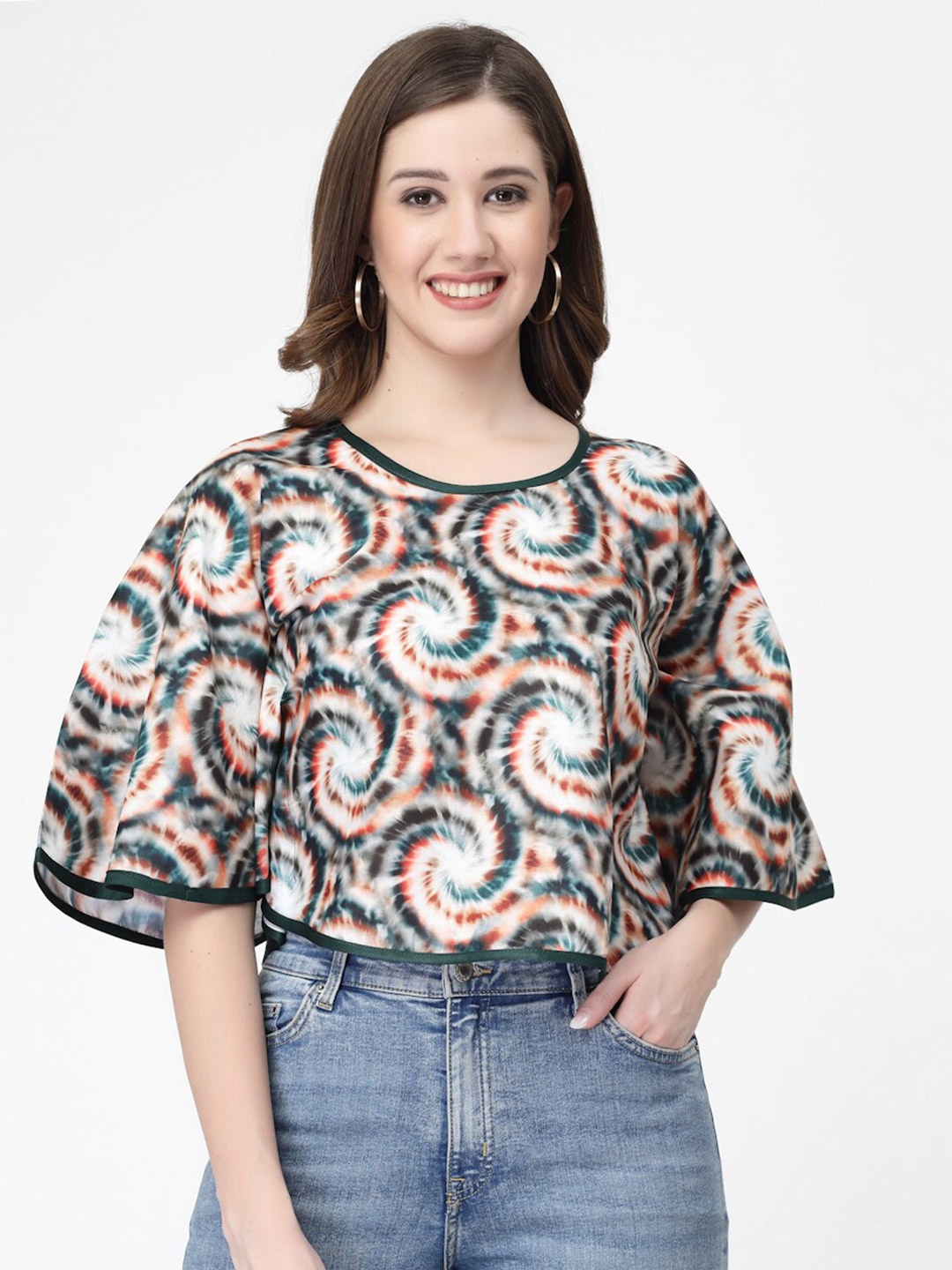 

MISS AYSE Floral Print Flared Sleeve Crepe Top, Black