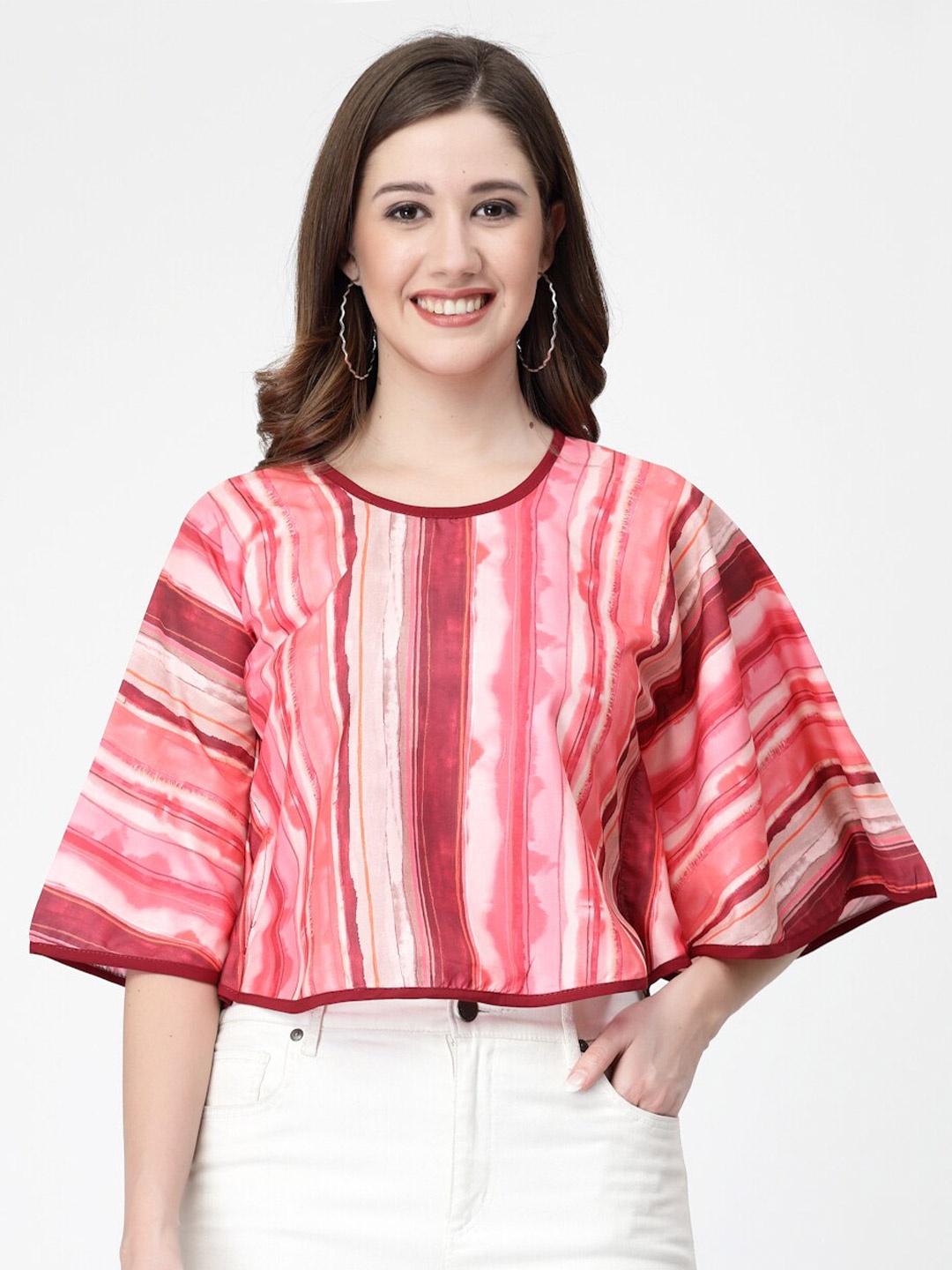 

MISS AYSE Tie and Dye Extended Sleeves Crepe Boxy Crop Top, Maroon