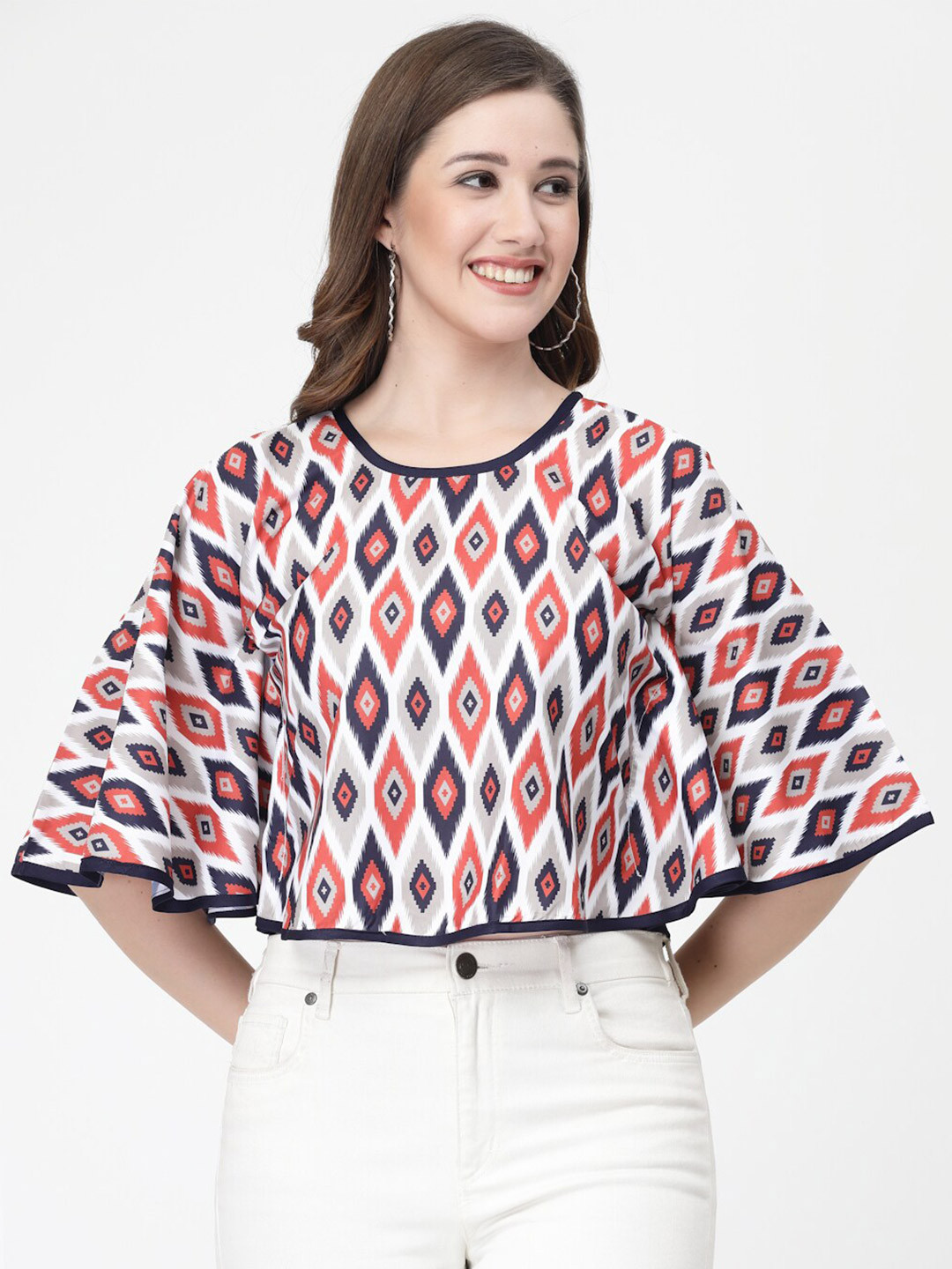 

MISS AYSE Geometric Printed Flared Sleeves Crepe Crop Top, White