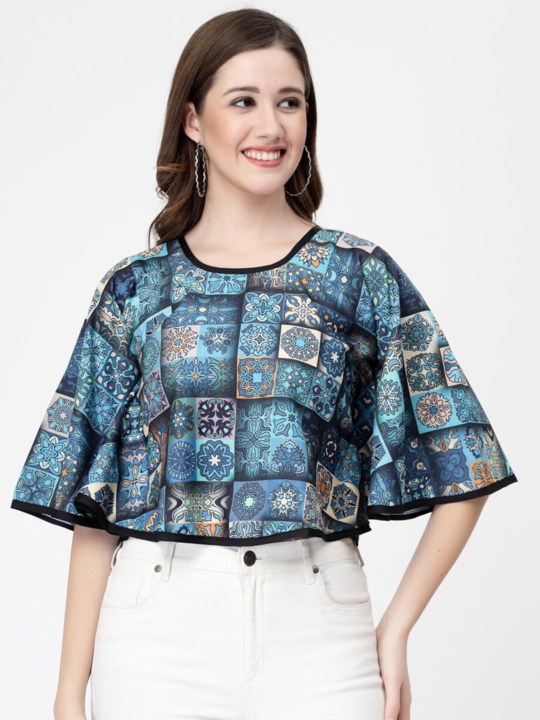 

MISS AYSE Ethnic Motifs Print Flared Sleeve Crepe Cape Top, Blue
