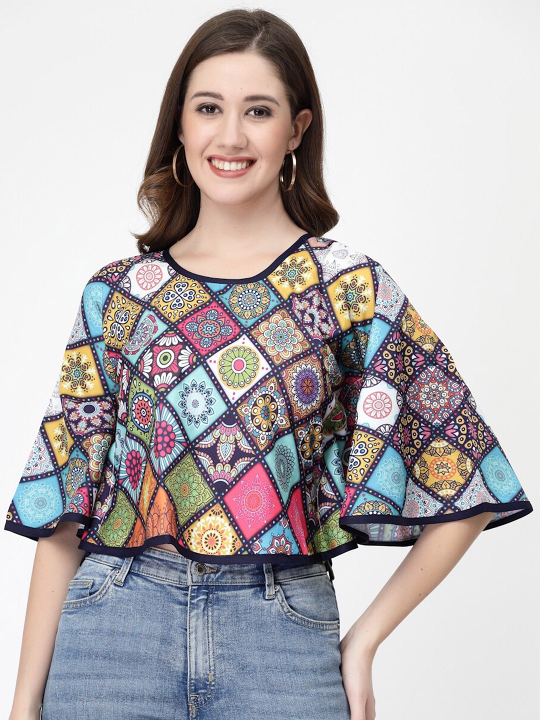 

MISS AYSE Floral Printed Flared Sleeves Crepe Top, Blue