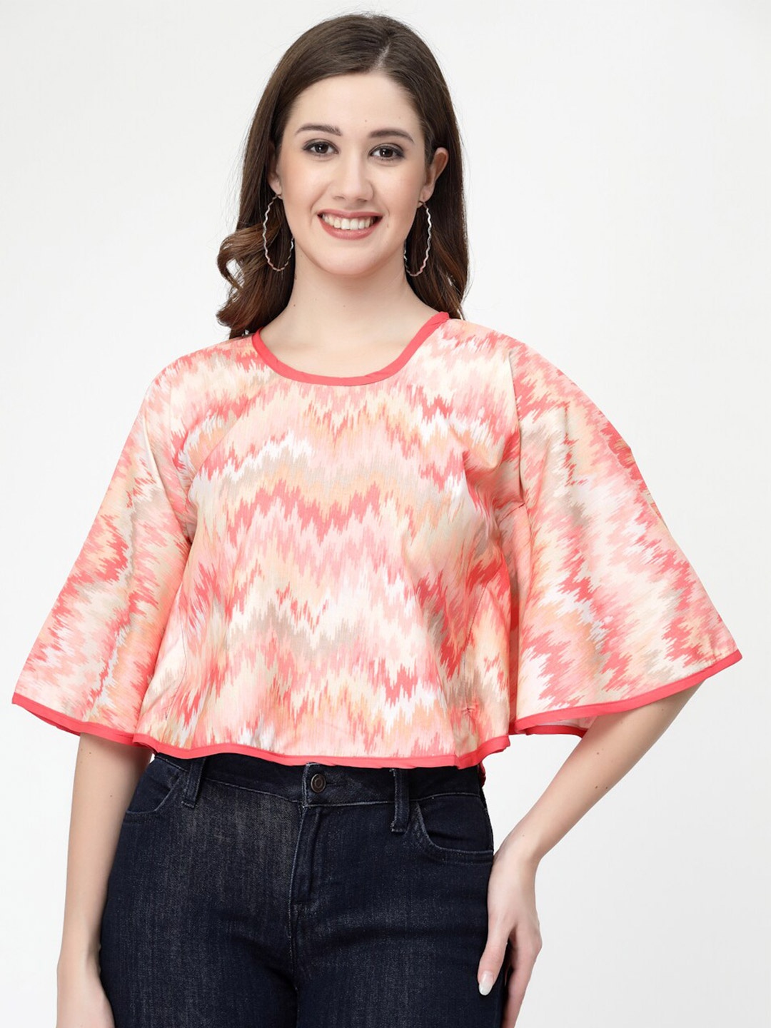 

MISS AYSE Abstract Printed Flared Sleeves Crepe Top, Peach