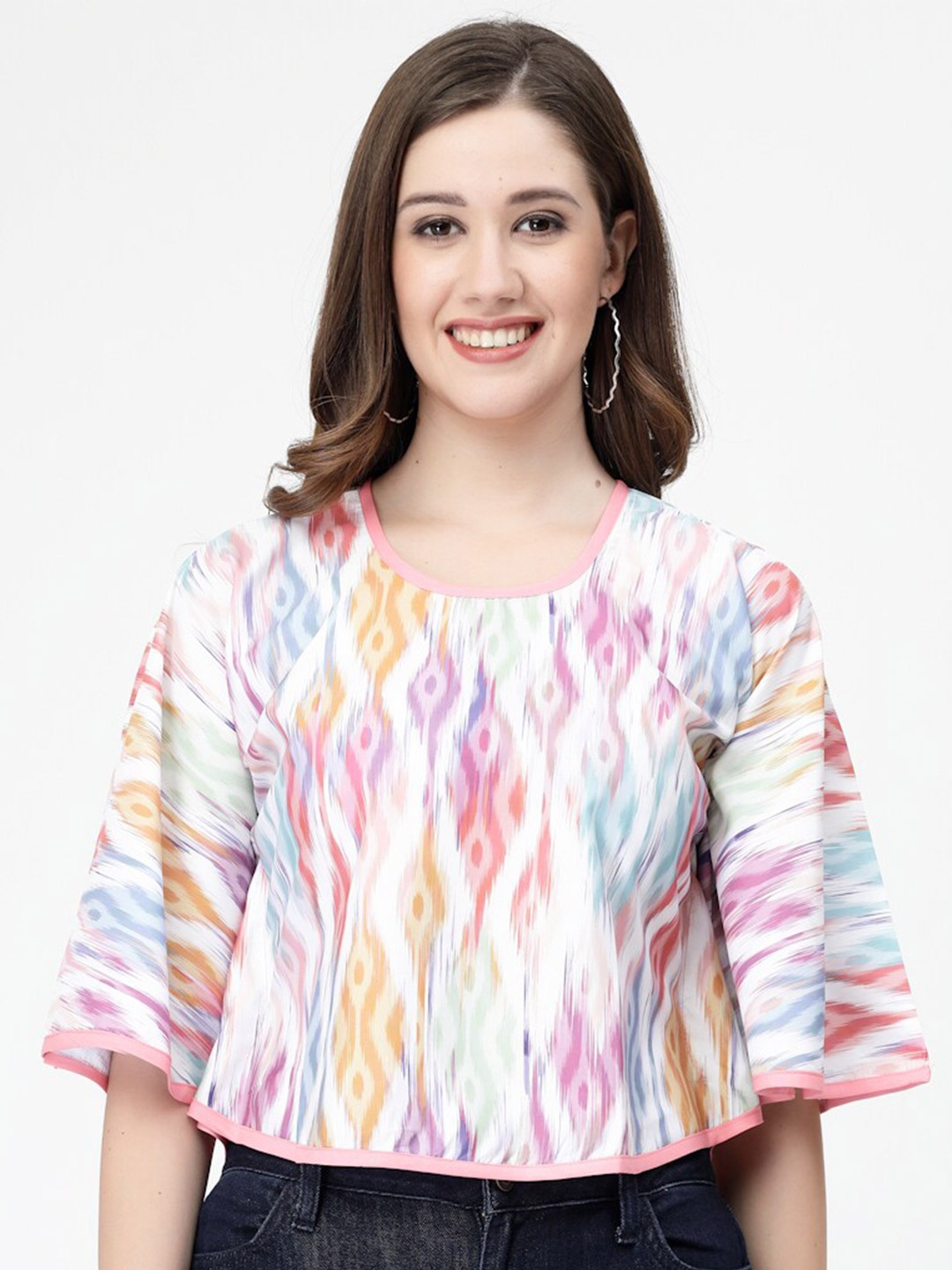 

MISS AYSE Printed Flared Sleeve Crepe Top, White