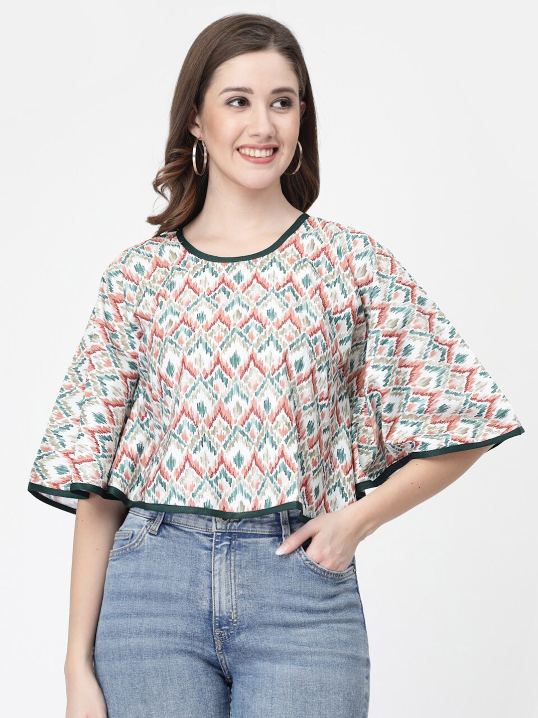 

MISS AYSE Geometric Printed Flared Sleeve Crepe Boxy Top, White