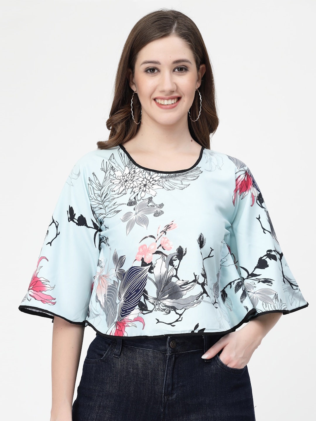 

MISS AYSE Floral Printed Kimono Sleeve Kaftan Top, Turquoise blue