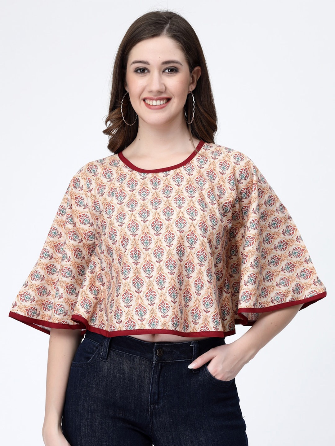

MISS AYSE Ethnic Motifs Printed Kimono Sleeve Kaftan Top, Beige