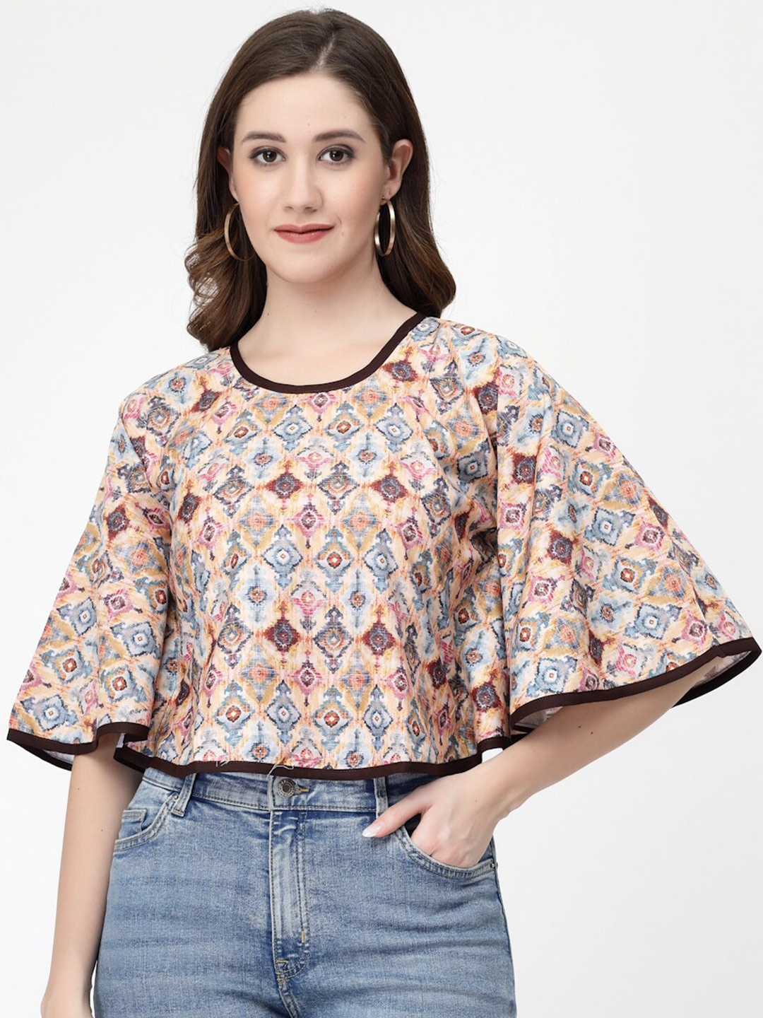 

MISS AYSE Ethnic Motifs Printed Flared Sleeved Top, Brown